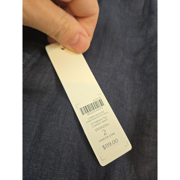 Chicos Linen Blouse Womens Size 2 12 Classic Navy Embroidered Ruffle Sleeve - Picture 4 of 13